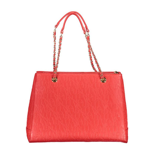 Valentino red polyethylene handbag with chain shoulder handles, contrasting details, zip and button closure, logo design.