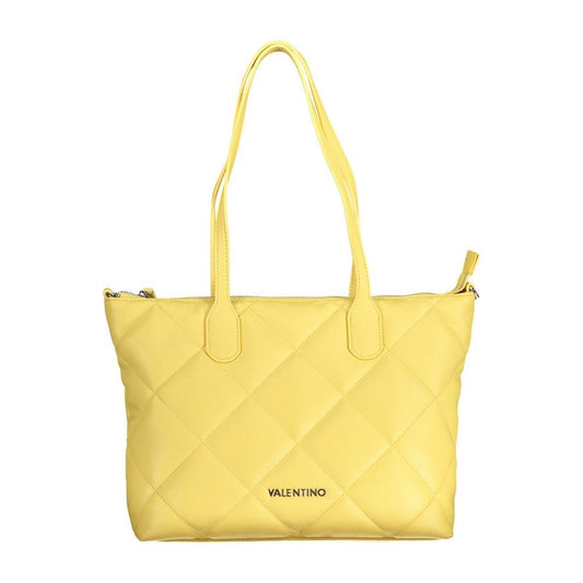 Valentino yellow handbag with quilted design, two shoulder handles, removable chain handle, adjustable strap, recycled polyethylene material.