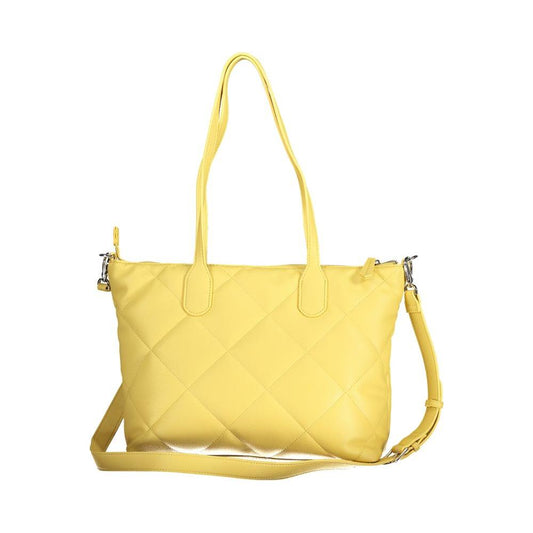 Yellow Valentino handbag with dual shoulder handles, removable chain, adjustable strap, and internal pockets. Eco-friendly design.