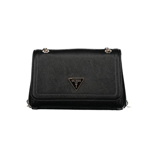 Guess Jeans black polyethylene handbag with chain shoulder handles, snap closure, logo, and external pocket.