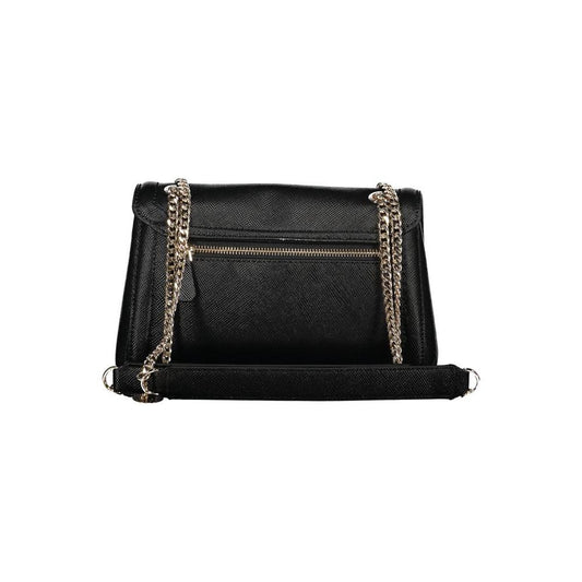 Black Guess Noelle handbag with dual chain shoulder handles, external pocket, and stylish design.
