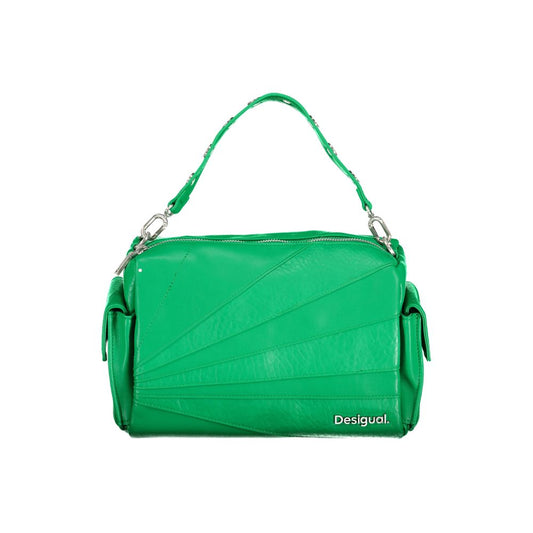 Desigual green polyethylene handbag with removable strap, multiple pockets, contrast details, and logo.
