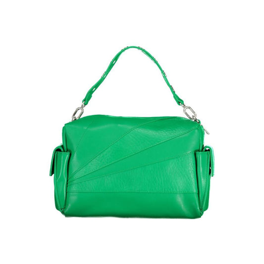 Desigual green polyethylene handbag with removable handle, adjustable strap, side pockets, and logo. Stylish zip and snap closure.