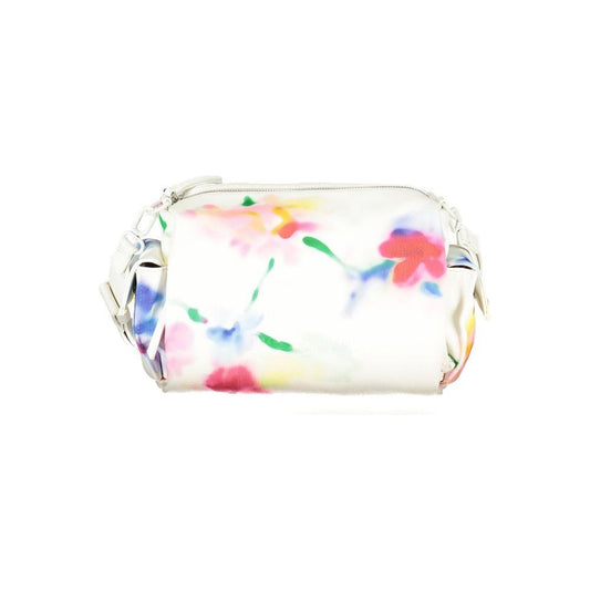 Desigual white polyethylene handbag with colorful floral print, adjustable and removable shoulder strap, external and internal pockets.