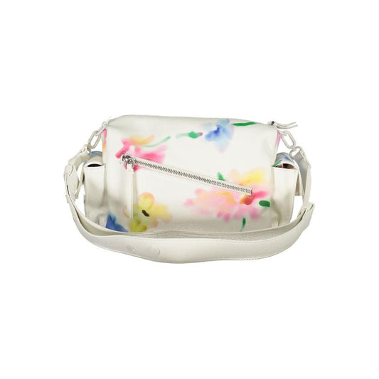 Desigual white polyethylene handbag with colorful floral design, adjustable strap, zip closure, and multiple pockets