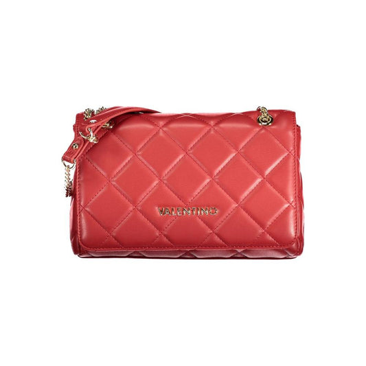 Valentino red polyethylene handbag with chain shoulder handles, two internal pockets, zip and snap closure, and logo detail.