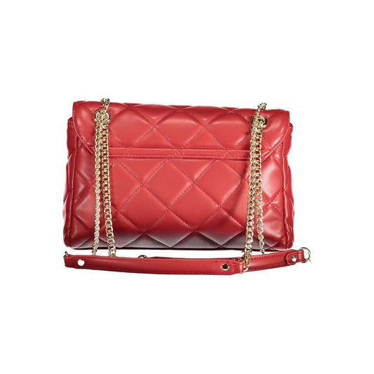 Valentino red polyethylene handbag with chain shoulder handles, internal pockets, contrasting details, zip and snap closure.