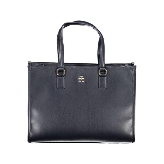 Tommy Hilfiger blue polyethylene handbag with dual shoulder handles, adjustable strap, internal pocket, zip closure, and logo.