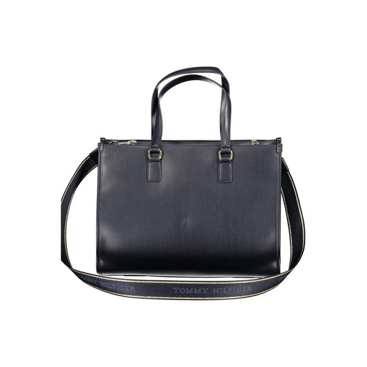Tommy Hilfiger blue polyethylene handbag with shoulder handles and adjustable strap, featuring internal pocket and zip closure.