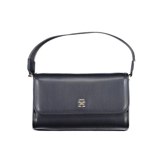 Tommy Hilfiger blue polyethylene handbag with shoulder handle, internal pocket, snap closure, and logo on the front.