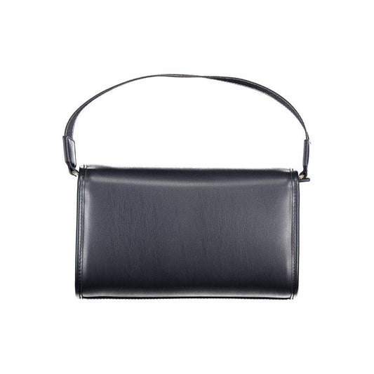 Tommy Hilfiger blue polyethylene handbag with shoulder handle, internal pocket, snap closure, and logo.