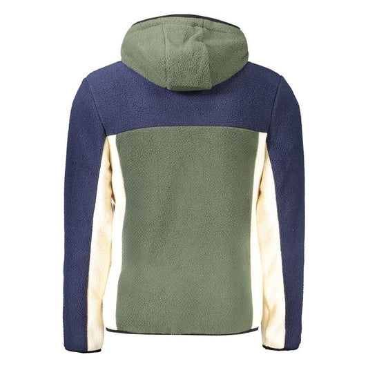Back view of Norway 1963 green and navy polyester men's jacket with hood, showcasing contrasting design and modern sophistication.