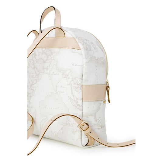 Alviero Martini Prima Classe white leather backpack for women, spring/summer collection, side view with world map design, height 29cm.
