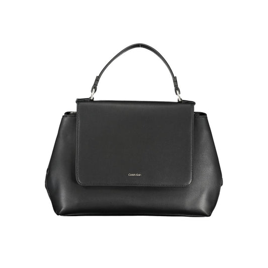 Calvin Klein black polyester handbag with handle, adjustable shoulder strap, internal pockets, and logo detail.