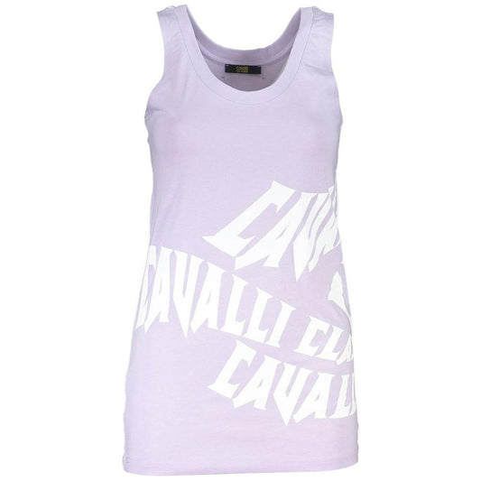 Cavalli Class purple cotton women top with wide shoulders, round neckline, and brand logo print.