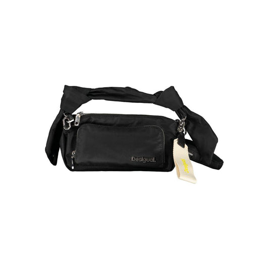 Desigual black polyester handbag with adjustable strap, zip closure, external pockets, and removable coin purse.