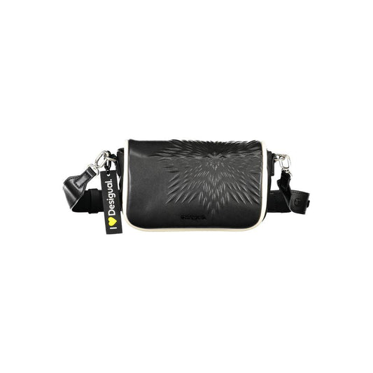 Desigual black handbag with adjustable shoulder strap, internal pocket, contrasting details, and zip closure.