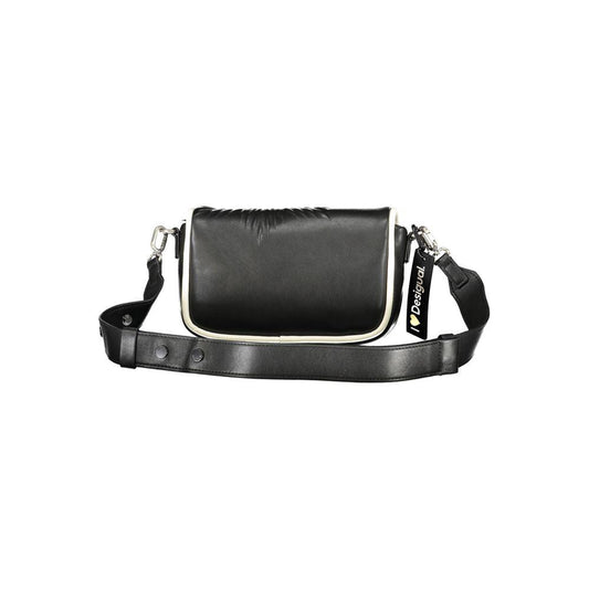 Desigual black polyethylene handbag with adjustable shoulder strap, internal pocket, contrasting details, and logo.