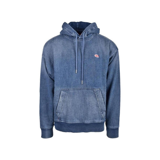 Diesel Blue Cotton Sweater with front pocket, featuring a blend of 98% cotton and 2% elastane for comfort and fit, ideal for cooler days.