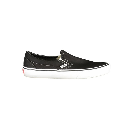 Vans Black Polyester Men Sneaker with elastic fit, iconic Classic Slip-On design, ideal for skateboarding and casual wear.