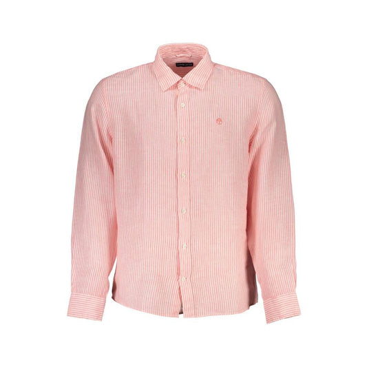 North Sails pink long-sleeved linen shirt with stripes, French collar, regular fit, organic cotton, featuring logo embroidery and button cuffs.