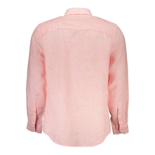 Back view of North Sails pink striped linen shirt with long sleeves and French collar, made from organic cotton, featuring logo embroidery.