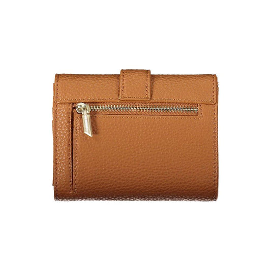 Calvin Klein brown polyester women's wallet with external pocket and snap closure, showcasing sleek and sophisticated design.