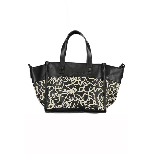 Desigual black polyester handbag with contrasting details, two handles, adjustable strap, external pocket, zip closure, and logo.