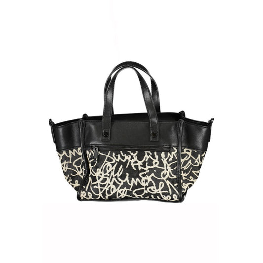 Desigual black polyester handbag with handles, adjustable strap, external and internal pockets, contrasting details, and zip closure.