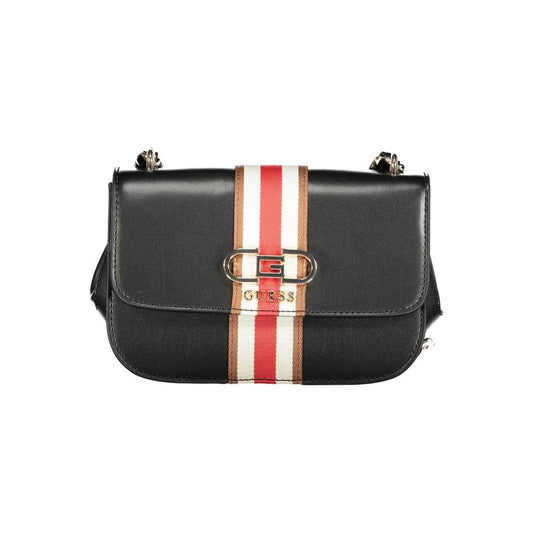 Guess Jeans black polyethylene handbag with adjustable chain strap, external and internal pockets, logo, snap closure, contrast details