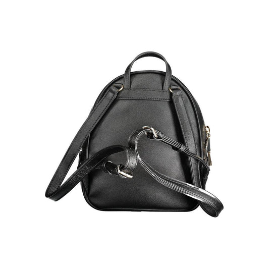 Black polyethylene backpack with adjustable straps and logo, featuring zip closure and multiple pockets by Guess Jeans.