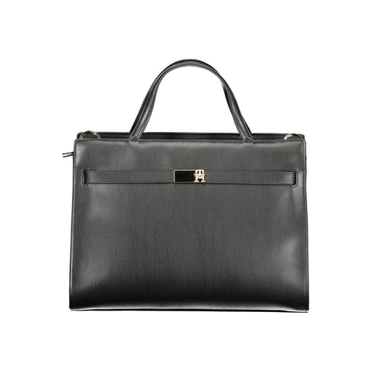 Tommy Hilfiger black polyethylene handbag with robust handles, adjustable strap, and multiple compartments for women.