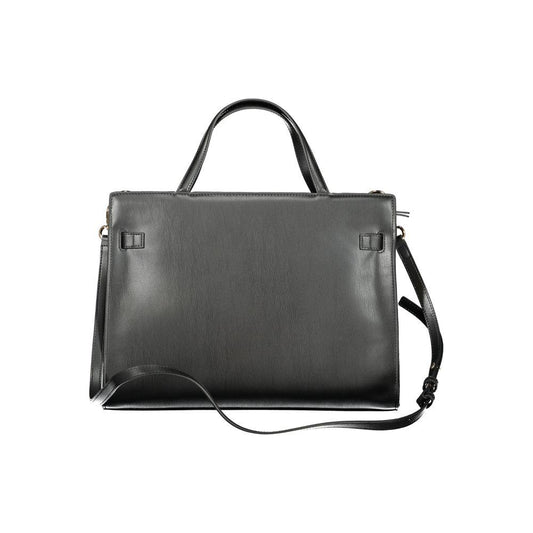 Tommy Hilfiger black polyethylene women’s handbag with handles and adjustable strap, featuring spacious compartments.