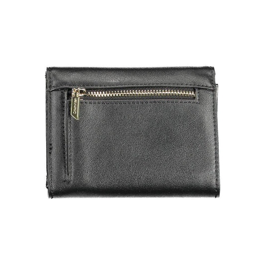 Calvin Klein black polyethylene women's wallet with secure snap closure and RFID lock, featuring a sleek design and distinct logo display.