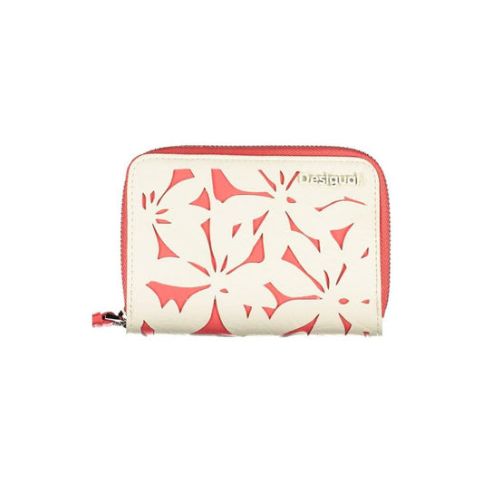 Desigual white polyethylene wallet with red floral pattern, featuring 4 compartments, card slots, coin purse, and zip closure.