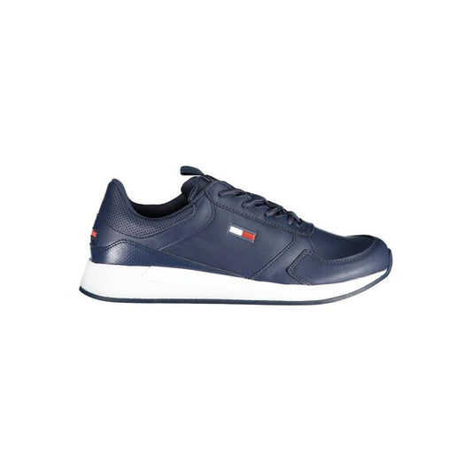 Tommy Hilfiger blue polyethylene men's sneaker with leather accents, featuring iconic logo for a stylish, contemporary look.