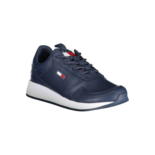 Tommy Hilfiger Blue Polyethylene Men's Sneaker with Logo, Polyester and Leather Blend, Stylish and Durable Footwear for Contemporary Looks