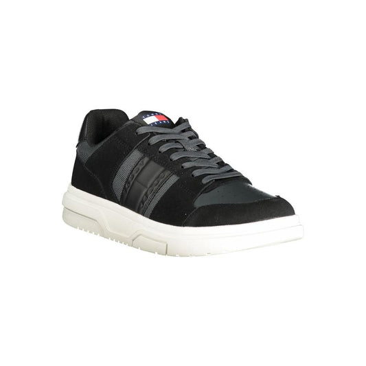 Tommy Hilfiger black leather men's sneaker with smoke accents, removable footbed, and iconic logo for urban street style.