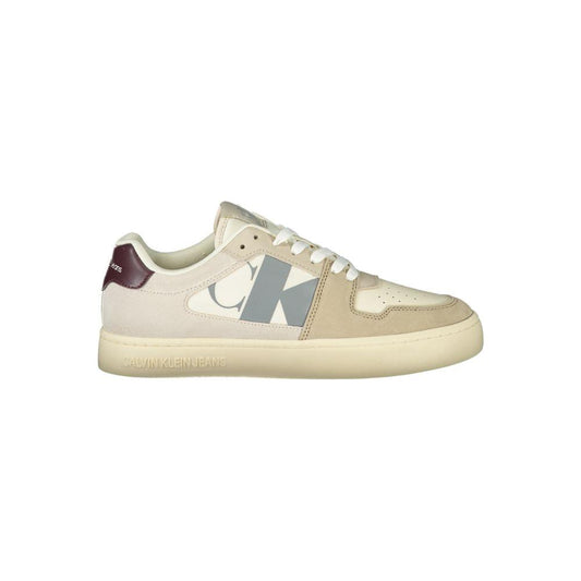 Calvin Klein beige polyester men's sneaker with eco-friendly design, removable footbed, and grey, Bordeaux accents.