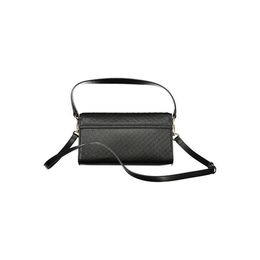 Tommy Hilfiger black polyethylene women's handbag with adjustable strap and removable handle, featuring sleek design and logo detailing.