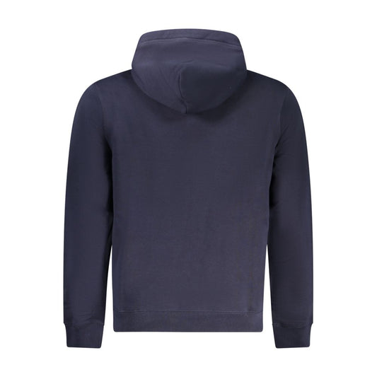 Back view of Napapijri blue cotton hoodie sweater with long sleeves and logo print, showcasing regular fit.