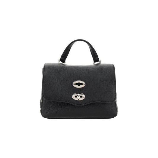Zanellato Postina Daily Shoulder Bag in black grained leather with silver hook-and-eye closure and adjustable strap