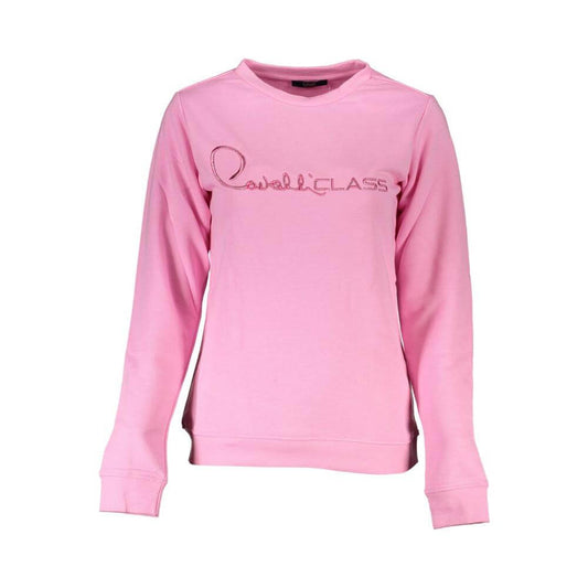 Cavalli Class pink cotton sweater with long sleeves, crew neck, and embroidered logo on front.