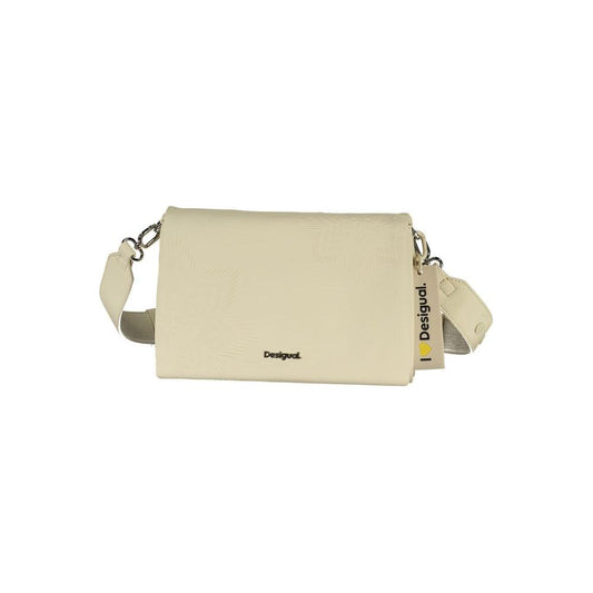 Desigual white polyethylene handbag with adjustable strap, external pocket, and logo detailing, featuring zip and magnet closure.