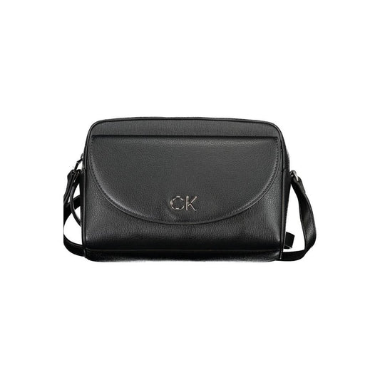 Calvin Klein black polyethylene handbag with adjustable shoulder strap, external pocket, and logo design.