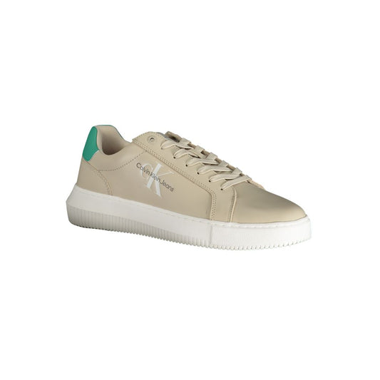 Calvin Klein beige sneaker with laces, logo, contrast details, made of 50% recycled polyester, side view.