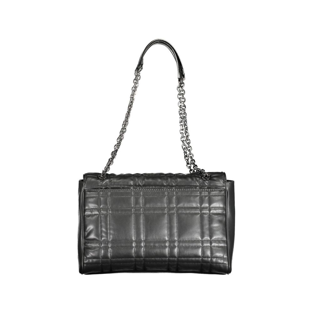Calvin Klein Black Polyester Women Handbag with chain handles and turnbuckle closure, stylish and eco-conscious accessory.