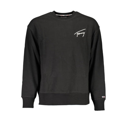 Tommy Hilfiger Black Cotton Men Sweater with signature embroidery, eco-friendly blend, stylish crew neck, sustainable fashion statement.