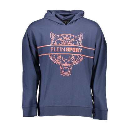 Plein Sport Blue Cotton Men Sweater with iconic logo, contrast detailing, long sleeves, and audacious print for stylish athletic appeal.