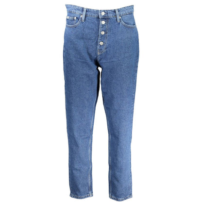 Calvin Klein Blue Cotton Women Jeans featuring '90s-inspired MOM JEANS design with button details and iconic logo for a modern look.